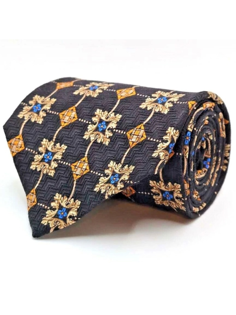 Robert Talbott Black Silk Tie with Gold and Blue Medallion Motif